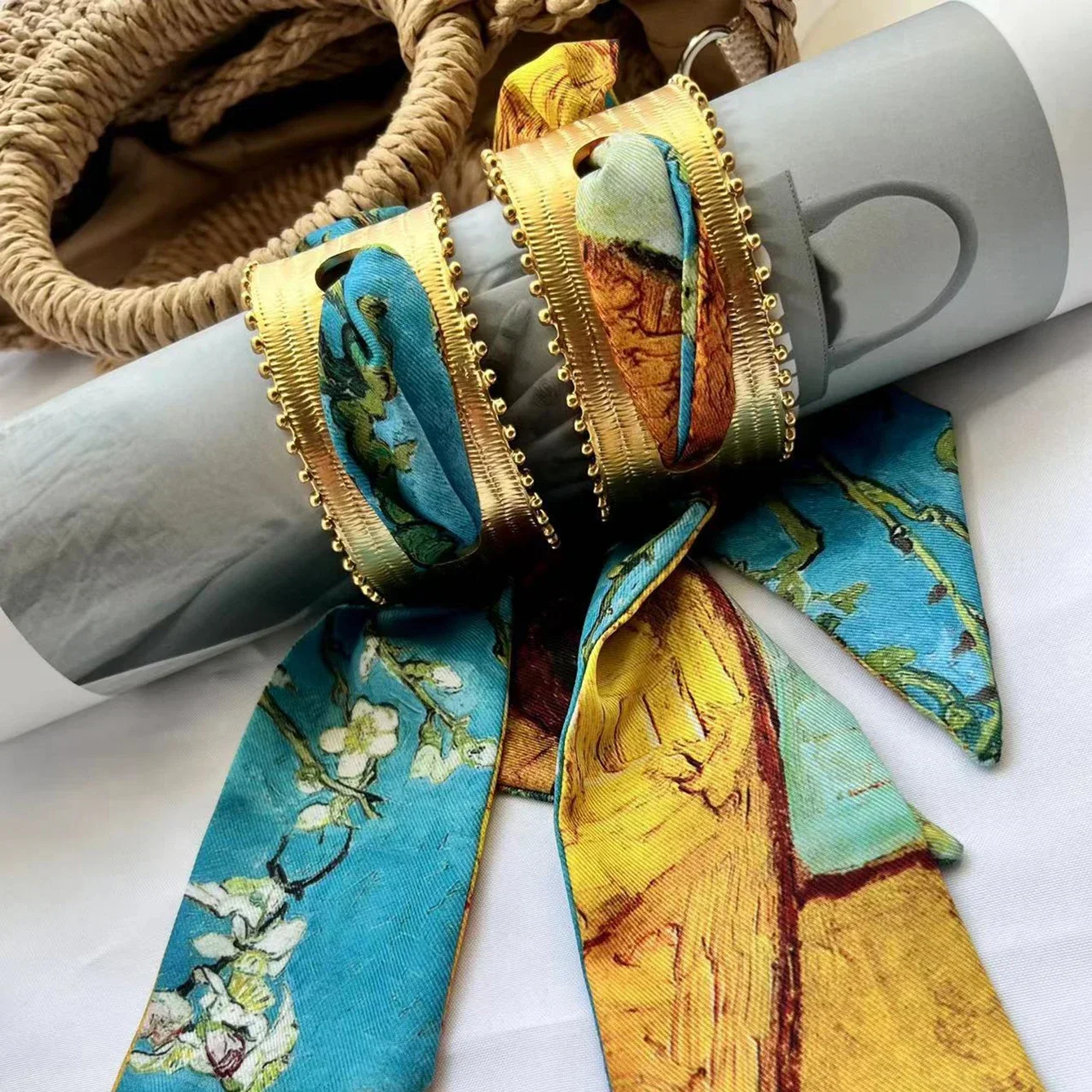 French Style Bangles Silk Scarf with Hollowed Out Gold Bracelet Romantic Elegant and American Bracelet Unique Birthday Gift F01