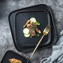 Japanese Black Frosted Steak Plate Creative Square Plate Restaurant Western Pasta Plate Commercial Ceramic Dish