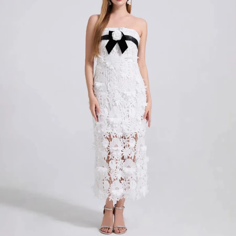 

Sexy Sleeveless Flower Embroidery Slim Fit Wrap Hip Top Mid Dress Mesh Slim Fitting Lace Elegant Splicing Dress
