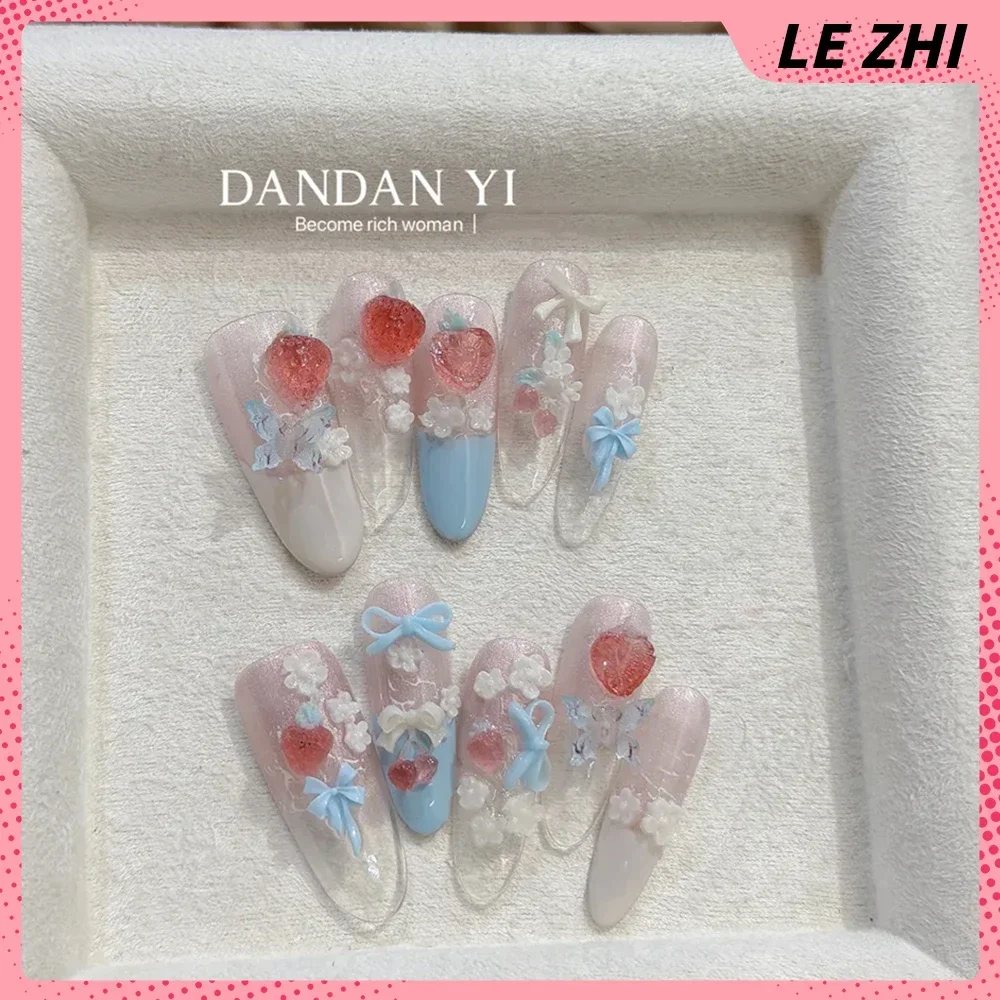 Sweet Cat Dog Bowknot Handmade Long Coffin Stiletto Press On Nails Snowflake Pearl Candle Diamond Flower Strawberry Fake Nails