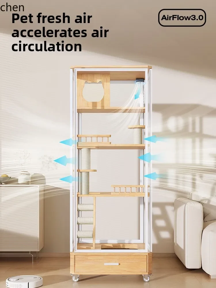 HXL Solid Wood Cat Cabinet Space-Saving Panoramic Glass Cat Villa with Drawer Cat Litter Box