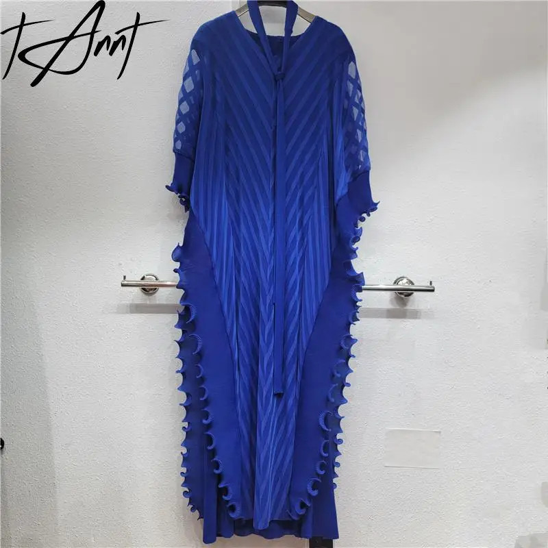 

Tannt Women Dress Patchwork Bandage Batwing Sleeve Pleated Dresses For Women Blue Green Black Vintage Long Dresses 2025 New