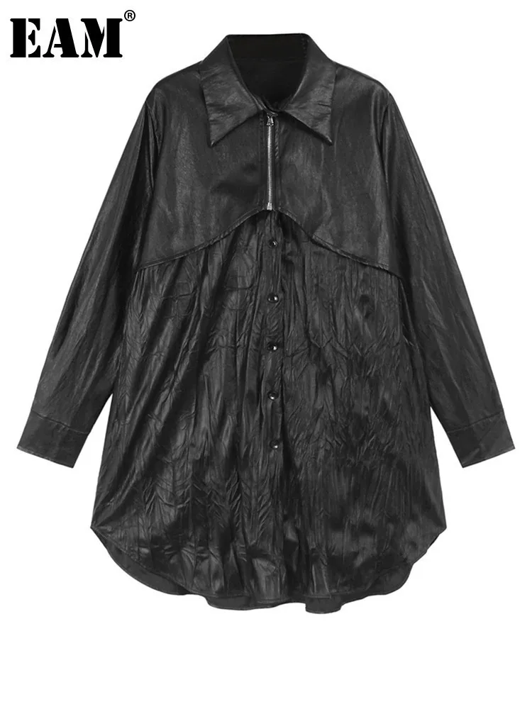 [EAM] Women Black Pu Leather Pleated Big Size Mini Shirt Dress New Lapel Long Sleeve Fashion Tide Spring Autumn 2024 1DH7337