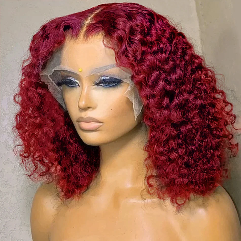 

Burgundy Soft Glueless Preplucked 99j Short Bob Wine Red 200 Density Kinky Curly Lace Front Wig For Black Women Baby Hair Daily