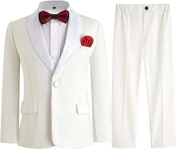 Boys White Jacket Pants Botwtie 3ps photograph Suit Kids Birthday Evening Party Dress Children