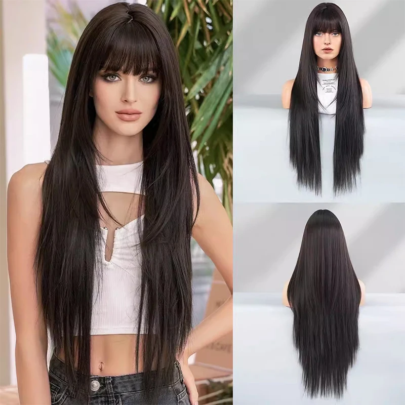 High level ultra long straight black full top wig with S split seams natural seamless bangs synthetic full head cover