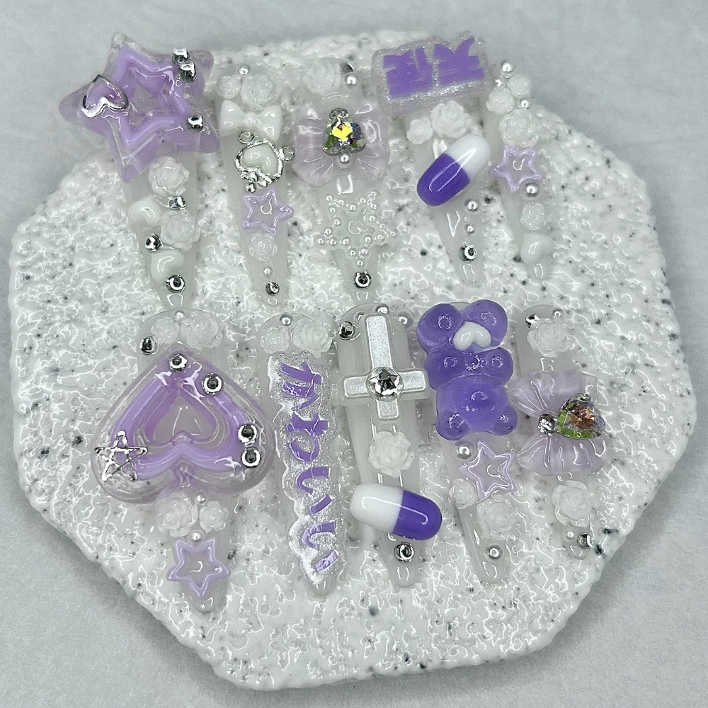 10 قطع Kawaii Y2K لطيف الدب اليدوية الصحافة على الأظافر الأرجواني ثلاثية الأبعاد ستار القلب القوس ارتفع الأظافر وهمية للإزالة قابلة لإعادة الاستخدام