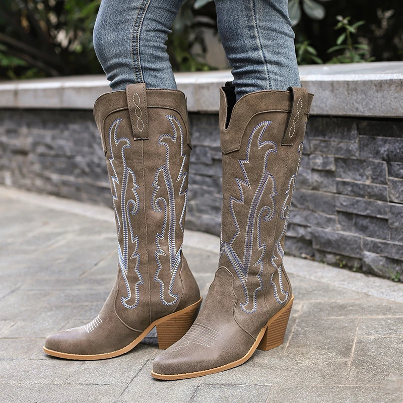 Plus Size Pointed Wood Grain Tapered Thick Heel Embroidered Stripe Knee High Boots Plush Lining Winter Women's Western Boots