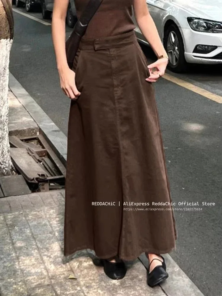 IMU Autumn Maillard Denim Midi Skirt Women Solid Brown High Waist A-line Loose Casual Y2k Retro Long Jeans Balloon Skirt