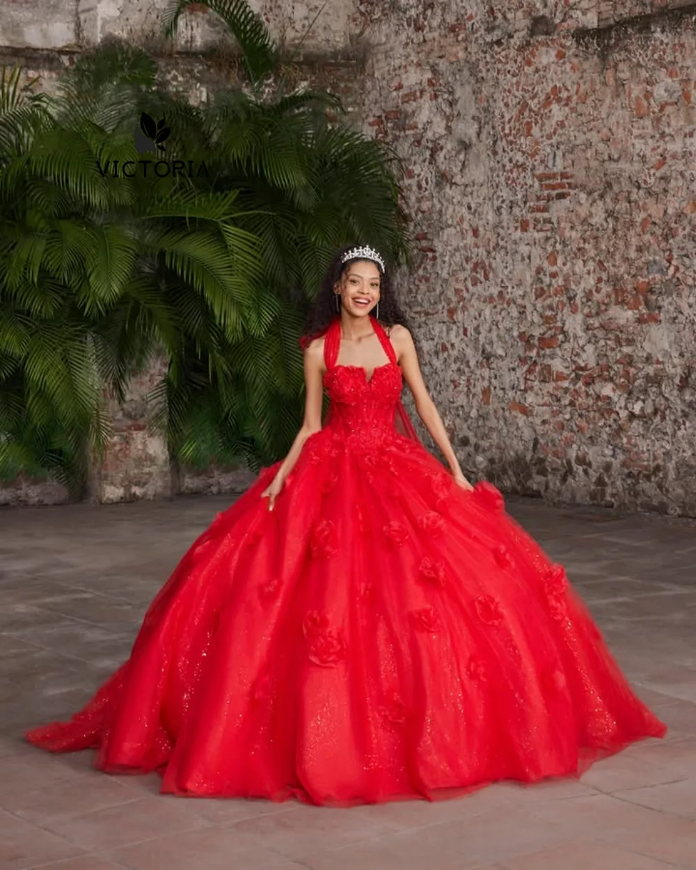 

3D Flowers Red Halter Quinceanera Dresses 2026 Beading Sweetheart Crystal Ball Gown Birthday Luxury Dresses Customized