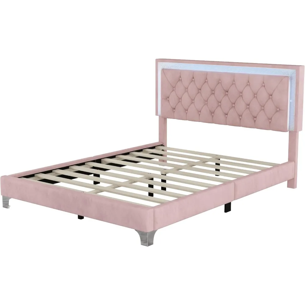 Gestoffeerd queensize bedframe met LED-verlichting, modern fluwelen platformbed met getuft hoofdeinde, perfect, (roze, koningin)