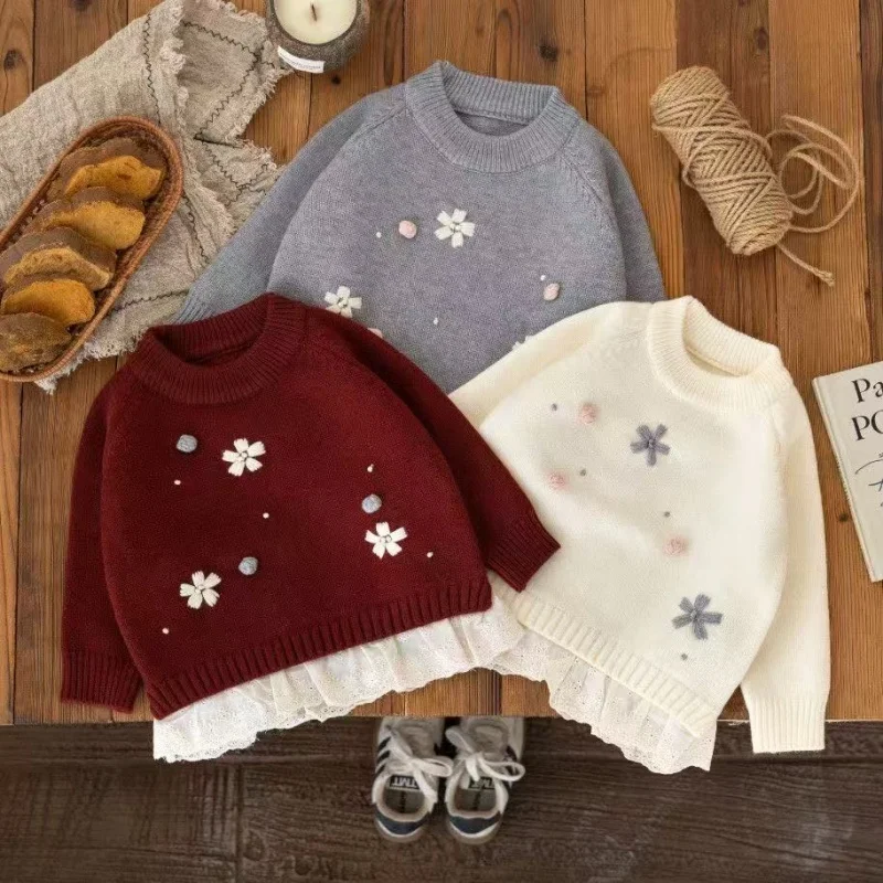 Girls' Spring and Autumn Sweater Sweet Handmade Hook Flower Knitted Sweater Children's Lace and Lace Hoodie