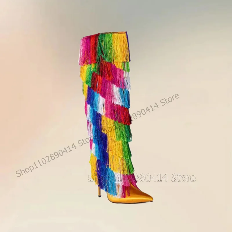

Colorful Tassels Decor Gold Glitter Pointed Toe Boots Slip On Women Shoes Thin High Heels Fashion Party 2025 Zapatos Para Mujere