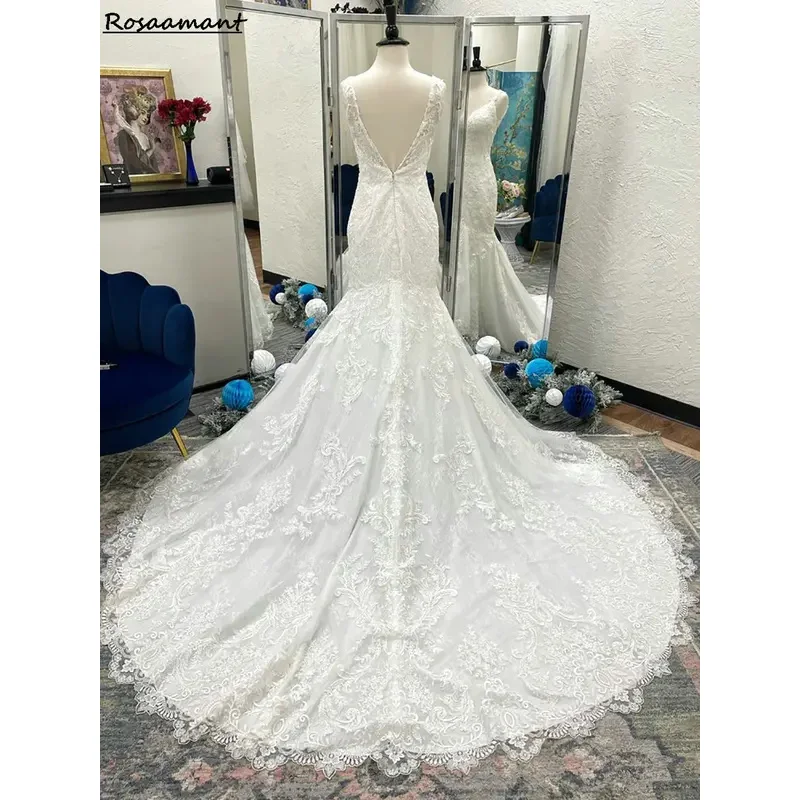 Los más nuevos vestidos de novia de sirena con espalda abierta y tirantes finos, apliques sin mangas, vestidos de novia campestres de encaje