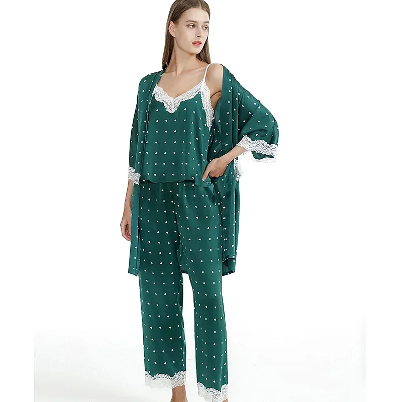19 مللي متر 100% التوت الحرير 3 قطعة كيمونو رداء و أكمام بيجامة مجموعة نقطة بروتيل بلوزات وبنطلون بيجامة مع سترة الحمام