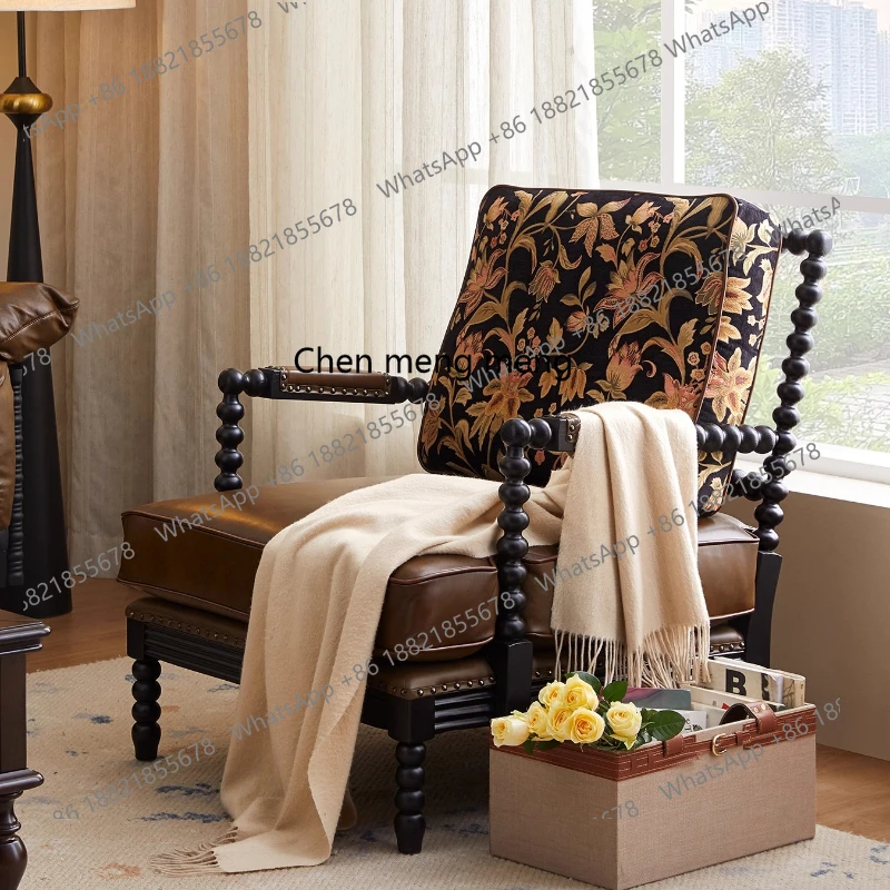 

Single Sofa Chair French Retro Living Room Genuine Leather Sofa Balcony Leisure Chair