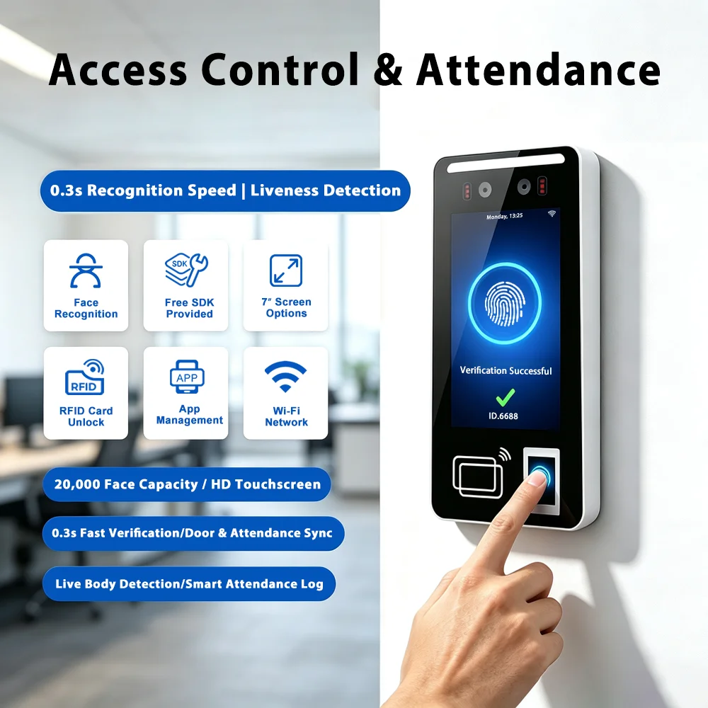 Biometric Android Face Recognition Access Control Device HD Touchscreen Time Attendance QR Code Reader RFID Fingerprint WiFi LAN