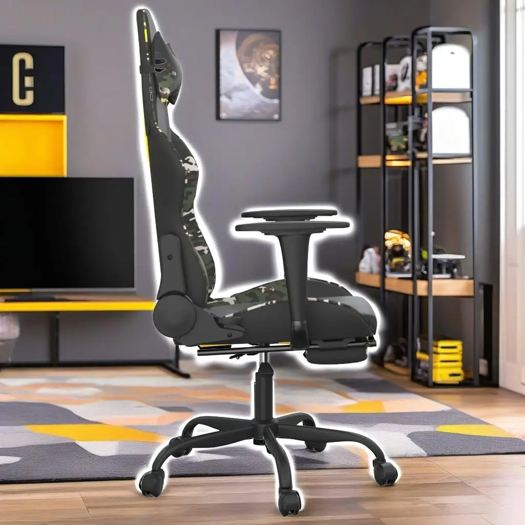 Ergonomic Gaming Chair with Footrest - Black & Camouflage Faux Leather Comfort