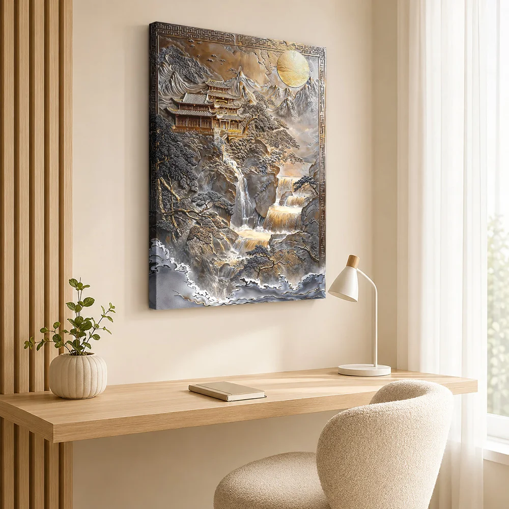 Golden Japanese Zen Haven Framed Canvas Print Poster Personalized Photo Japanese Inspired Wall Paintings Decoration for Office