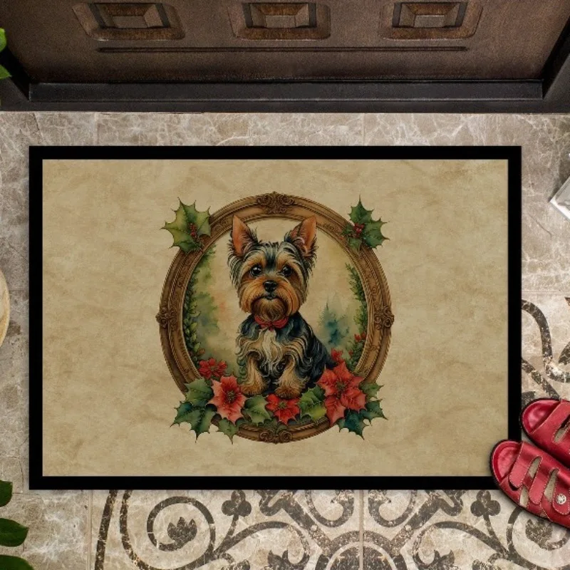 

NEW Yorkie Christmas Flowers Doormat 18H×27W Non Slip Washable Low Pile Rug Indoor Outdoor Entryway Front Door Mat