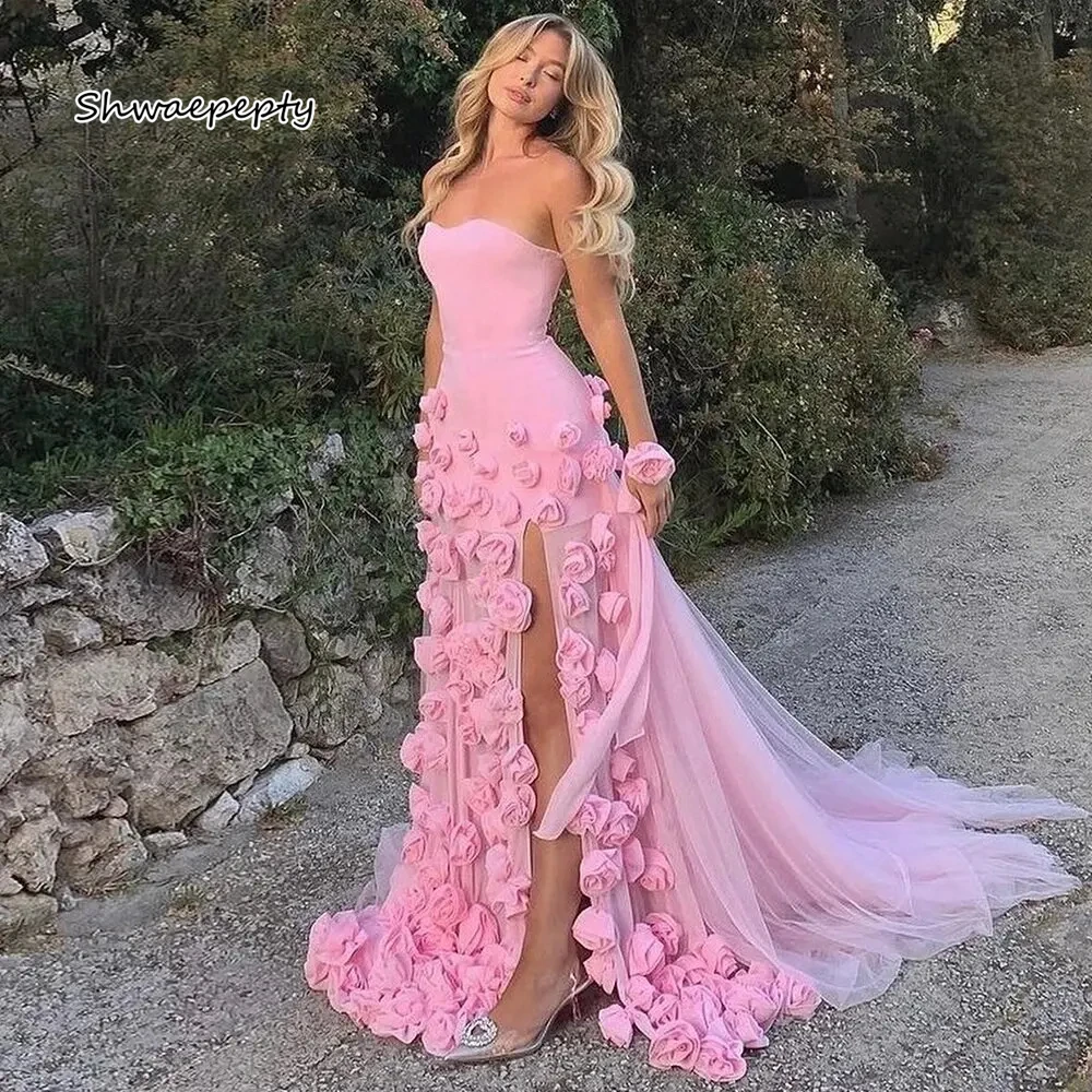 Hand Made Flowers Pink Wedding Dress Sweetheart Neck Side Slit Sexy Beach Bridal Gowns Sweet Long Engagement Dress For Women