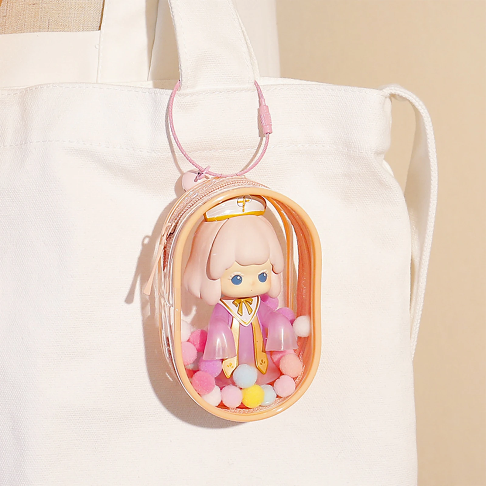 Transparente PVC Mystery Box com Plush Ball, Estojo de armazenamento, Clear Pouch, Chaveiro Bag, Boneca Organização, Brinquedo