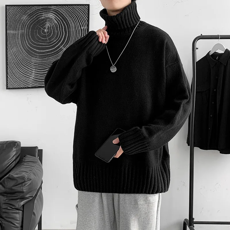 

Men's Winter High Collar Sweater Thiened Loose Fit Overhead Knitted Pure Color Casual Faion Korean Sle Long Sve Top