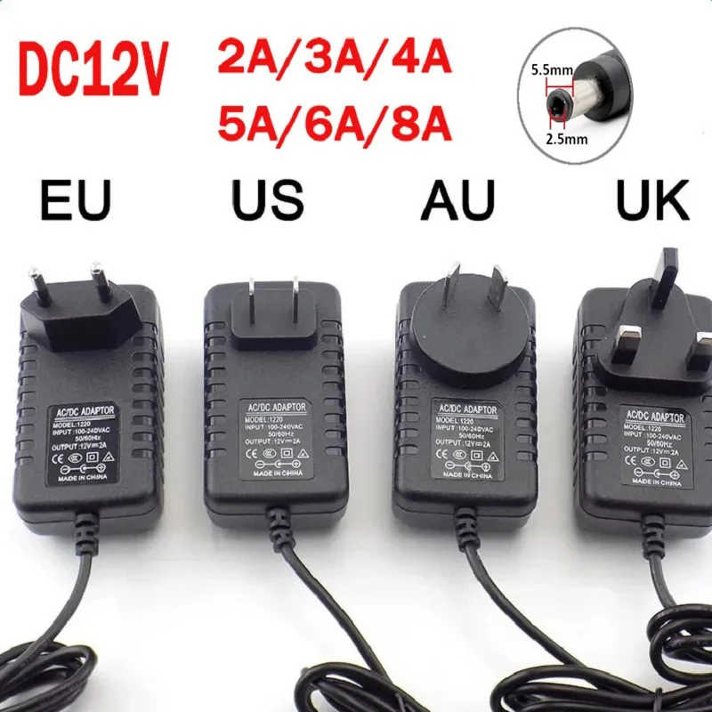 التيار المتناوب 110-240 فولت تيار مستمر 12 فولت 1A 2A 3A 5A 6A 8A مهايئ الطاقة العالمي العرض الاتحاد الأوروبي/الولايات المتحدة/المملكة المتحدة/الاتحاد الأفريقي مهايئ شاحن لشرائط مصباح ليد CCTV