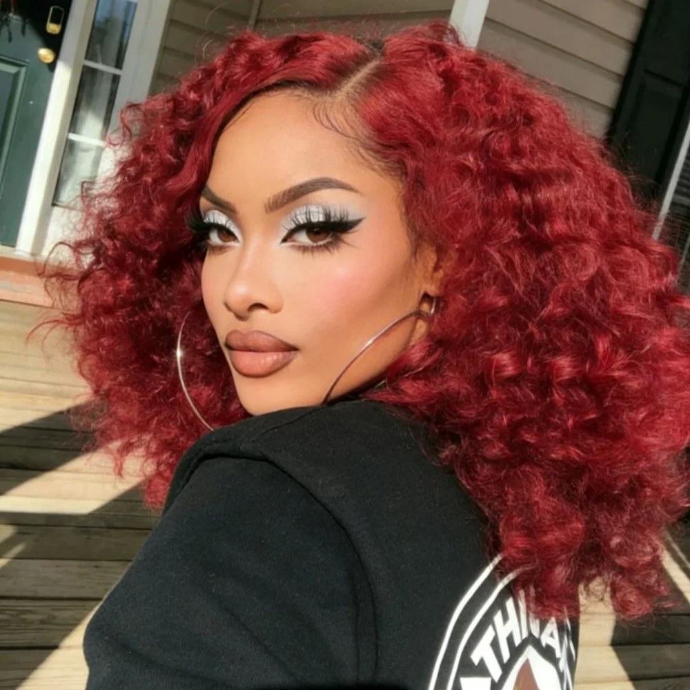 

Короткий парик с глубокими волнами и кружевной передней частью 13x4 HD, цвет 99j бордовый, для женщин, плотность 200%, из натуральных волос