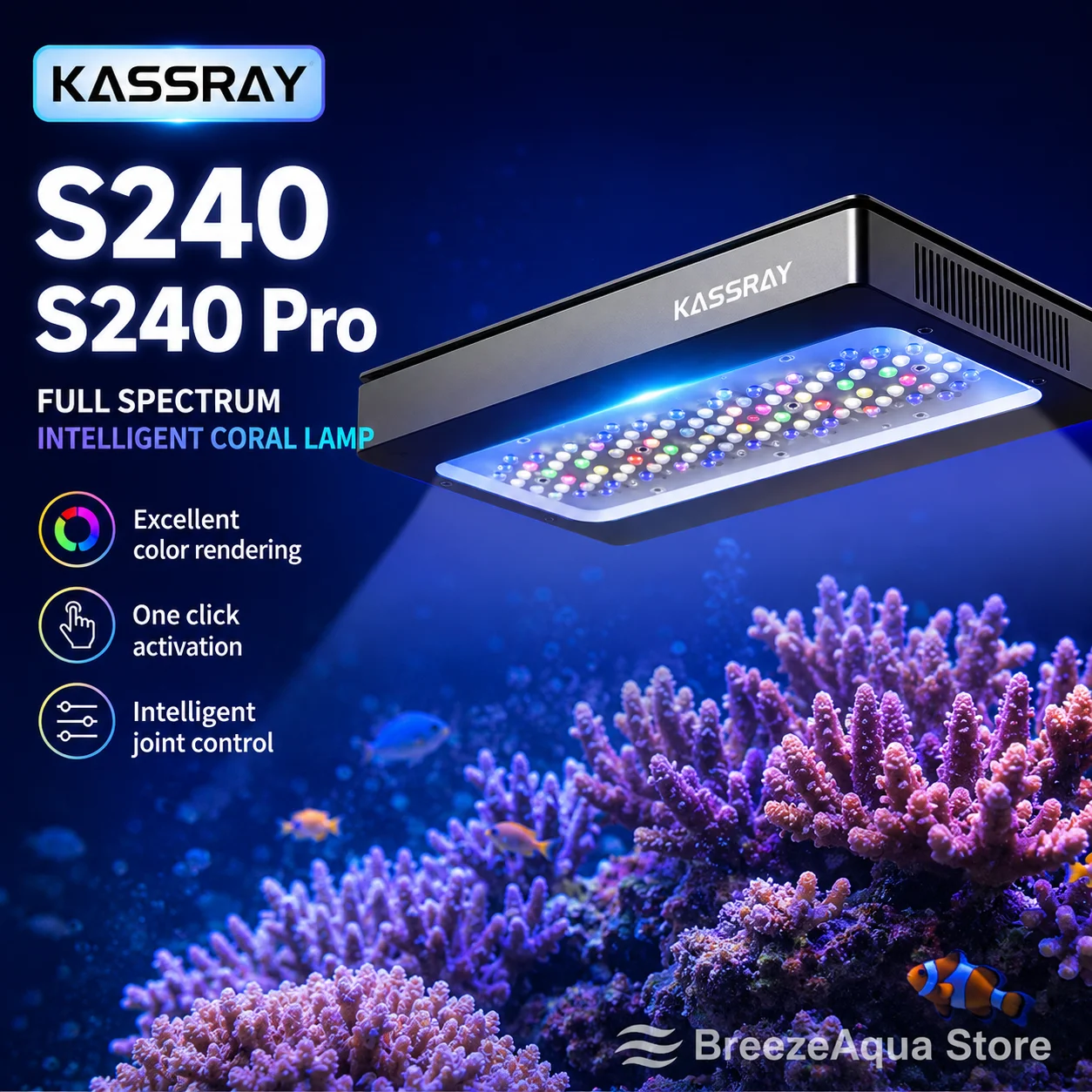 KASSRAY S240 S240Pro 240W Full Spectrum Aquarium LED Light Meanwell Driver WiFi APP Control Coral Reef Saltwater Tank Lamp