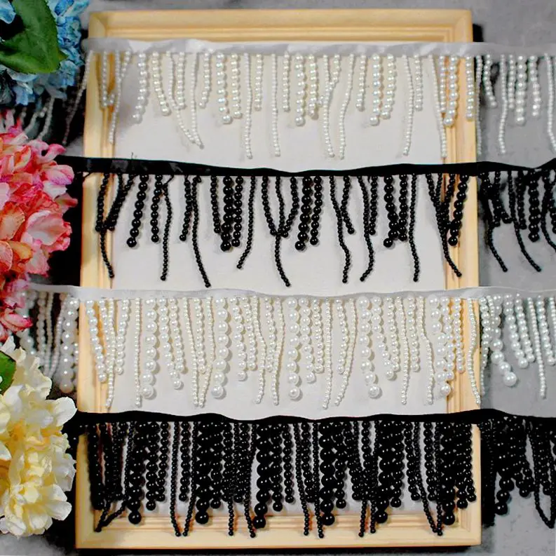 Handmade Beaded Tassel Trim Pearl White Black DIY Stage Costume Home Textile Clothing Decoration Accessories Lace Edging