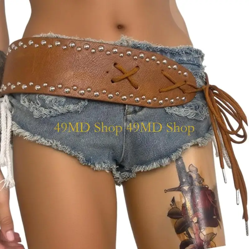 49MD Adjustable Rivets Studded Waist Belt PU Leather Corset Band With Punk Design Tied Strap For Women Evening Party