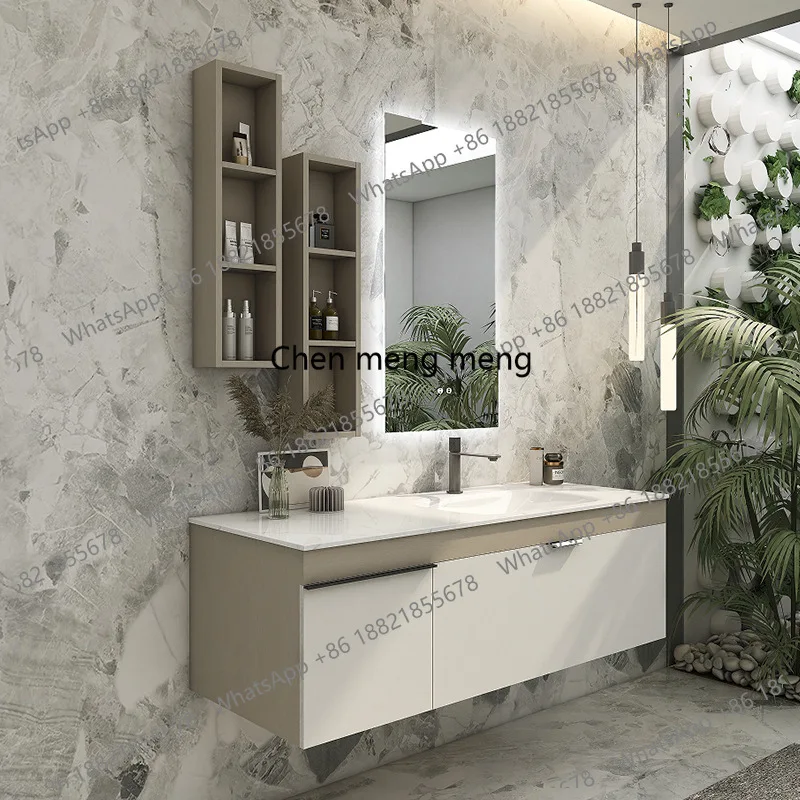 

Cream gray ceramic integrated washbasin cabinet combined rock slab countertop bathroom cabinet simple washbasin