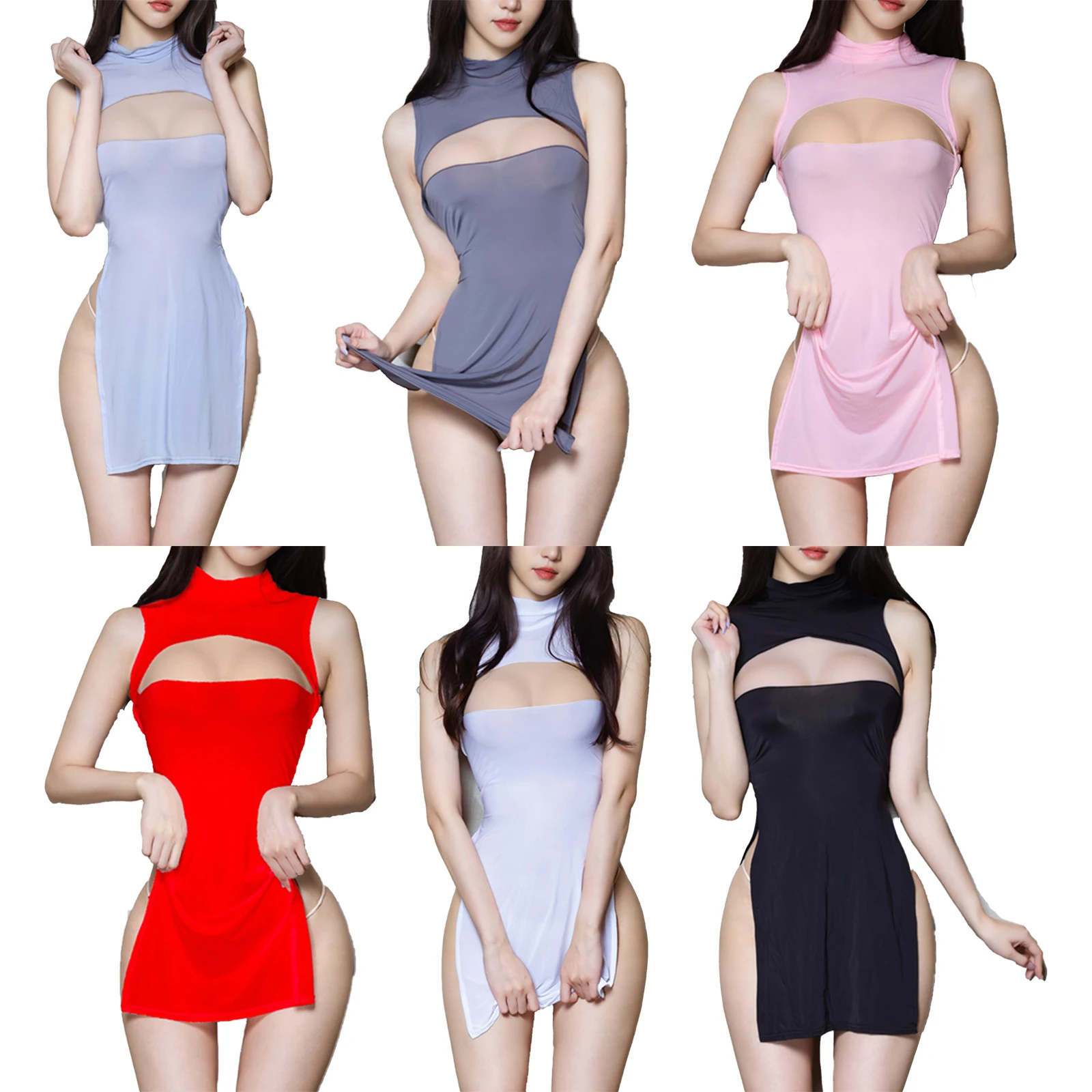 Womens Sexy Hollow Out Split Babydolls Nightwear Turtleneck Sleeveless Solid Color Bodycon Topless Dress Sleepwear Clubwear