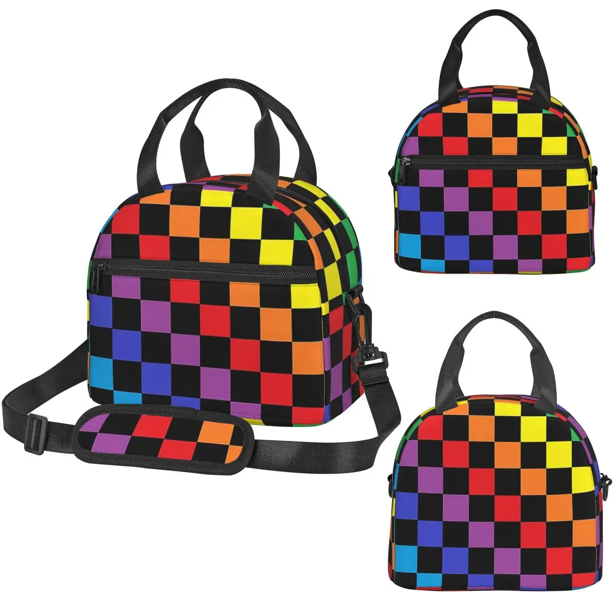 

Checkered Rainbow Black Insulated Lunch Bag for Kids School Cooler Thermal Box Tote Portable Lunch Boxes