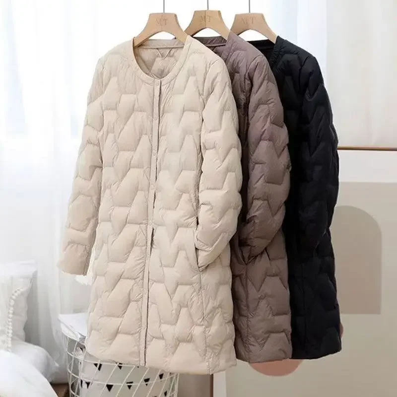 2026 Autumn Winter New Round neck Lightweight Down Jacket For women Solid Medium length Windproof Rainproof Slim Jackets Casual
