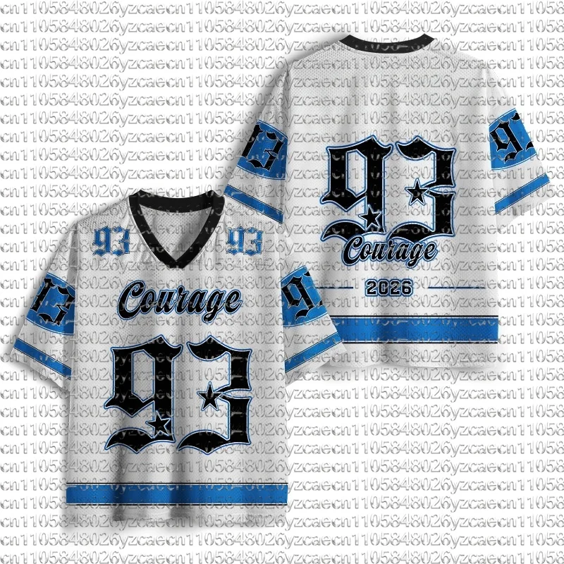 Trendy Retro Blue White Stripe Soccer Jersey Gothic 93 Courage 2026 Print Men and Women Summer Breathable Short Sleeve T-shirt