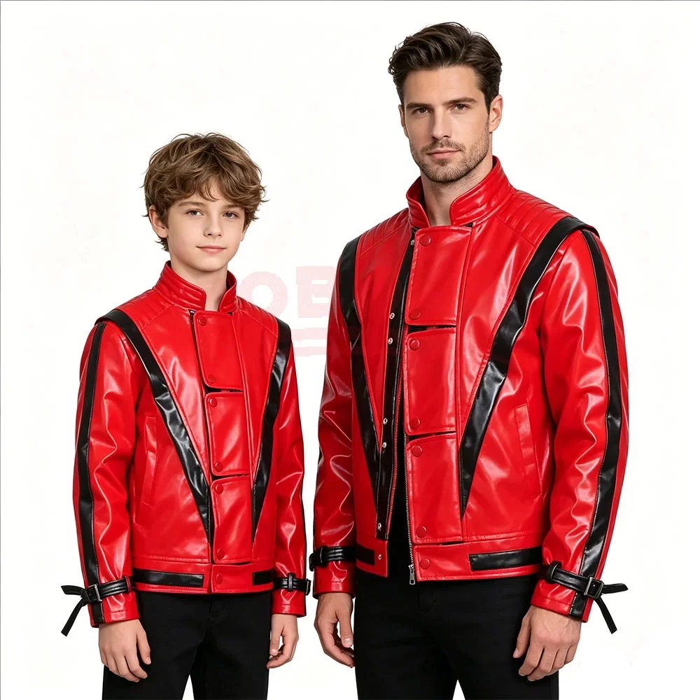 Star Fan Michael Cosplay-Outfit Rote Kunstlederjacke, Karneval-Halloween-Aufführungskostüm, Teenager-Erwachsenen-Paar-Familien-Komplettset