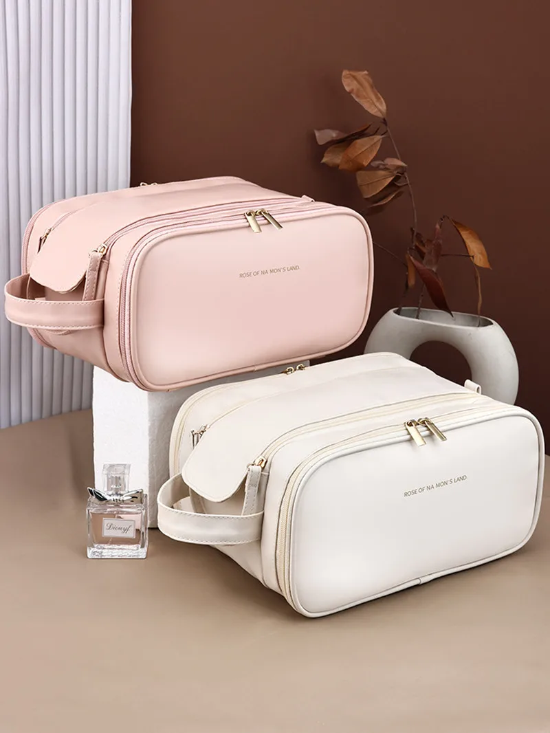 Double zipper handheld portable makeup bag, high-end and high-value cosmetics storage bag, new PU three-layer travel bag