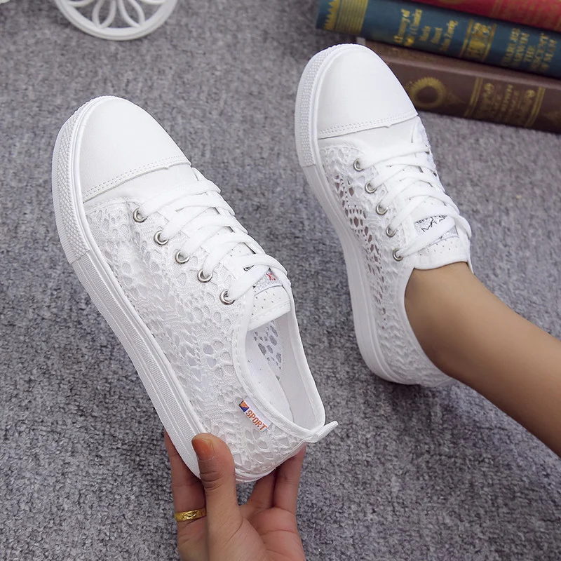 Women Shoes 2022 Fashion Summer Casual White Shoes Cutouts Lace Canvas Hollow Breathable Platform Flat Sneakers Zapatillas Mujer