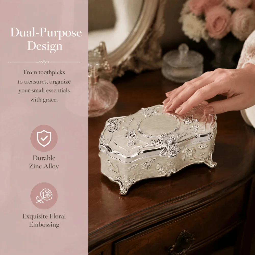 Durable Silver-White Toothpick Holder Zinc Alloy Ornate Jewelry Box Lidded Embossed Trinket Box Dining Table Storage
