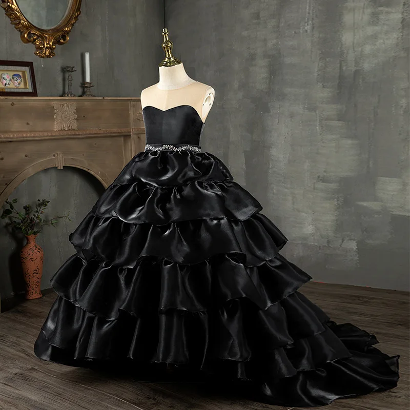 Girls Black Fluffy Yarn Princess Dress Child Model Catwalk Beauty Pageant Trailing Long Skirt Host Piano Performance Costume