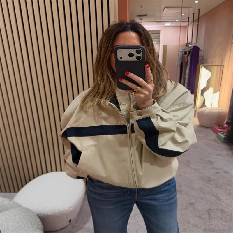 Women's khaki short zip-up jacket with a stand collar, contrasting stripe design, vintage sporty short jacket