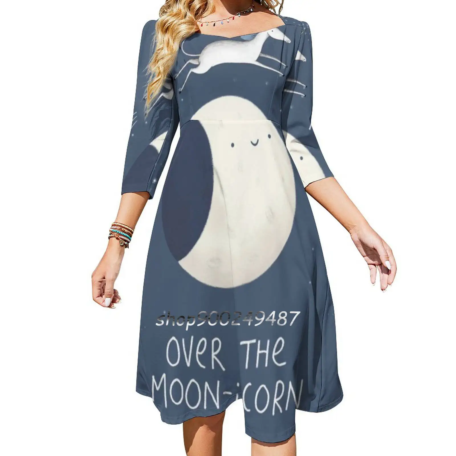 Over The Moon-Icorn Flare Dress Square Neck Dress Elegant Female Fashion Printed Dress Over The Moon Moon Moonicorn Unicorn