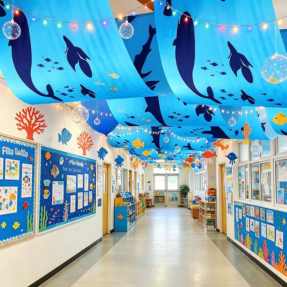 Ozean-Hai-Wal-Silhouette Deckenbehang Stoffbanner Unterwasser-Hängedekoration für Marine-Themen-Zubehör