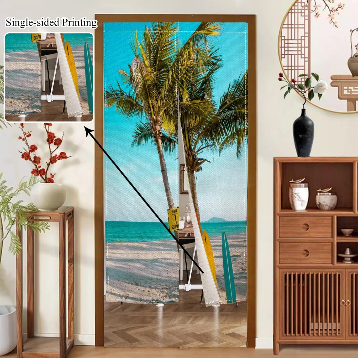 alm Tree Surfboard Beach Pattern Door Curtain Hanging Decorative Curtain for Home Window Door Decoration Summer Tropical Style