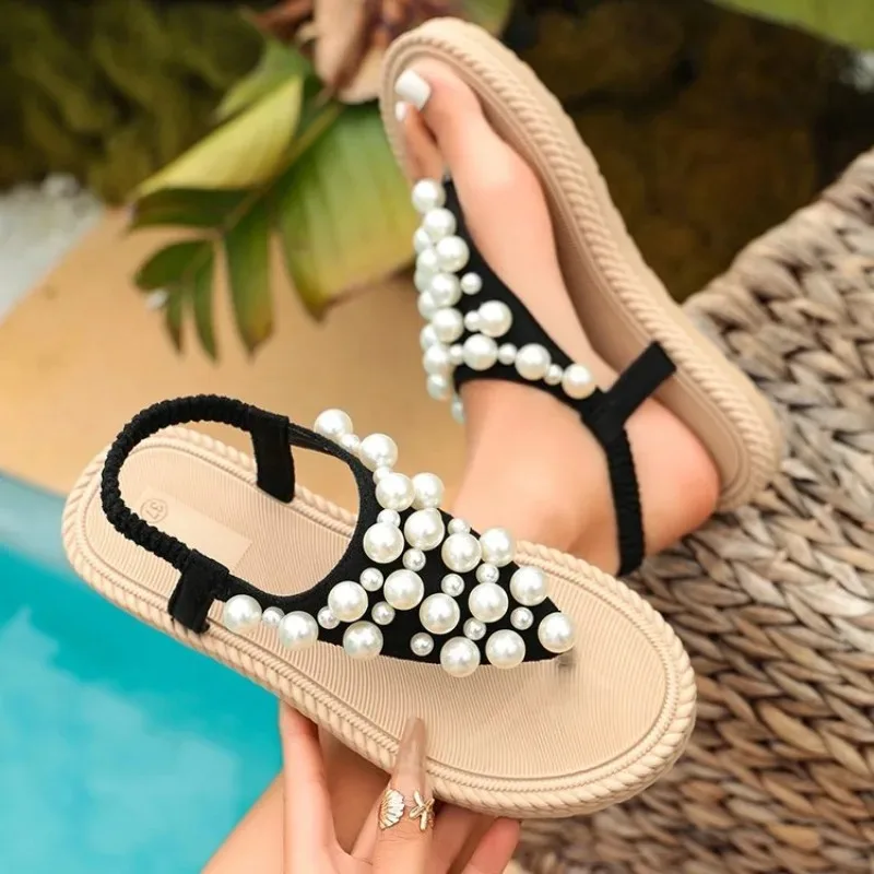 2026Clip Toe Pearl Beaded  Flat Slippers  Slingback Ankle Strap Sandalia Femme Beach Flipflops Gladiator Sandales