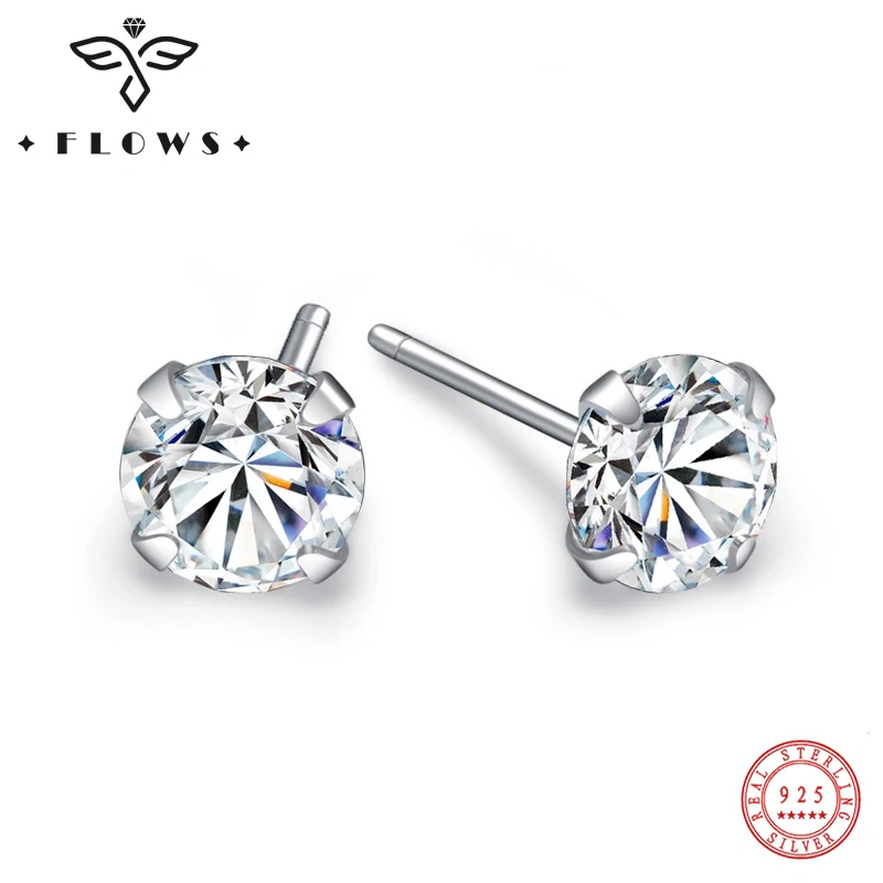 FLOWS 925 Sterling Silver Four Claw Zircon Stud Earrings 3-10mm Simple Earrings For Women Men pendientes mujer Jewelry Wholesale