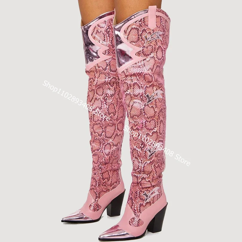 Pink Pointed Toe Snakeskin Boots Totem Slip on Chunky High Heels Sexy Women Autumn Elegant Knee Boots 2023 Zapatos Para Mujere