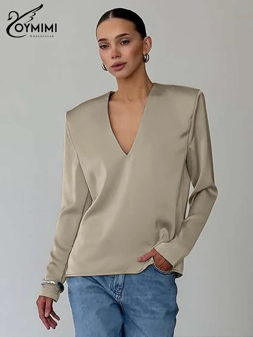 Oymimi أنيقة الكاكي الخامس الرقبة قميص نسائي موضة بسيطة طويلة الأكمام قمصان الخريف عادية الصلبة الساتان قمصان الإناث الشارع الشهير #2